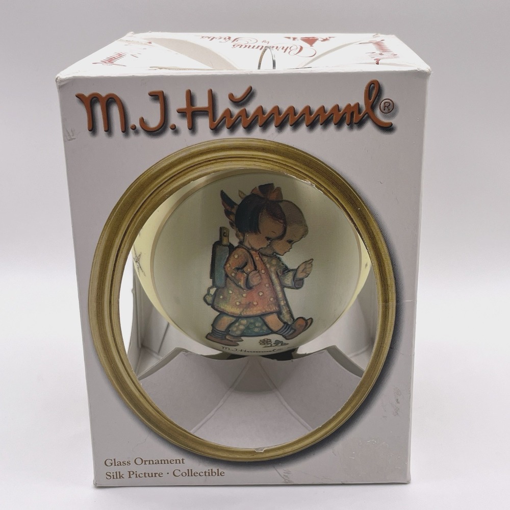 M.J. Hummel Glass‎ Ornament With Silk Picture On The Way To School Vintage